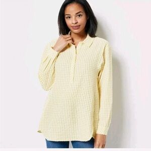 Susan Graver Weekend Tunic Shirt 3X Long Sleeeve Yarn YellowPlus Button Up
